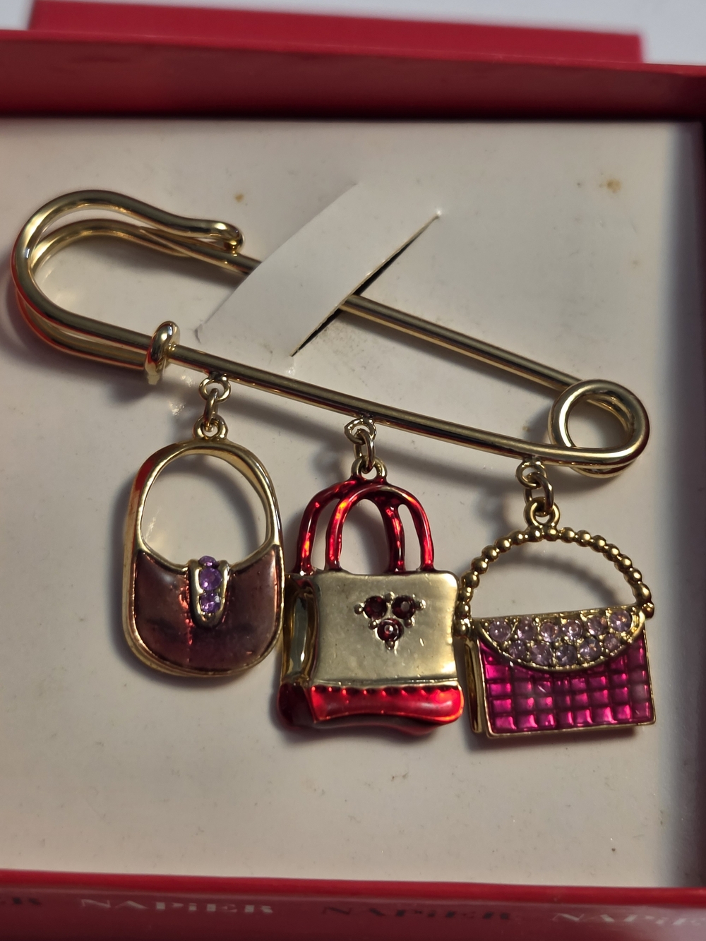 Napier Gold-Tone Safety Pin with Three Enamel Purse Charms Brooch with Box